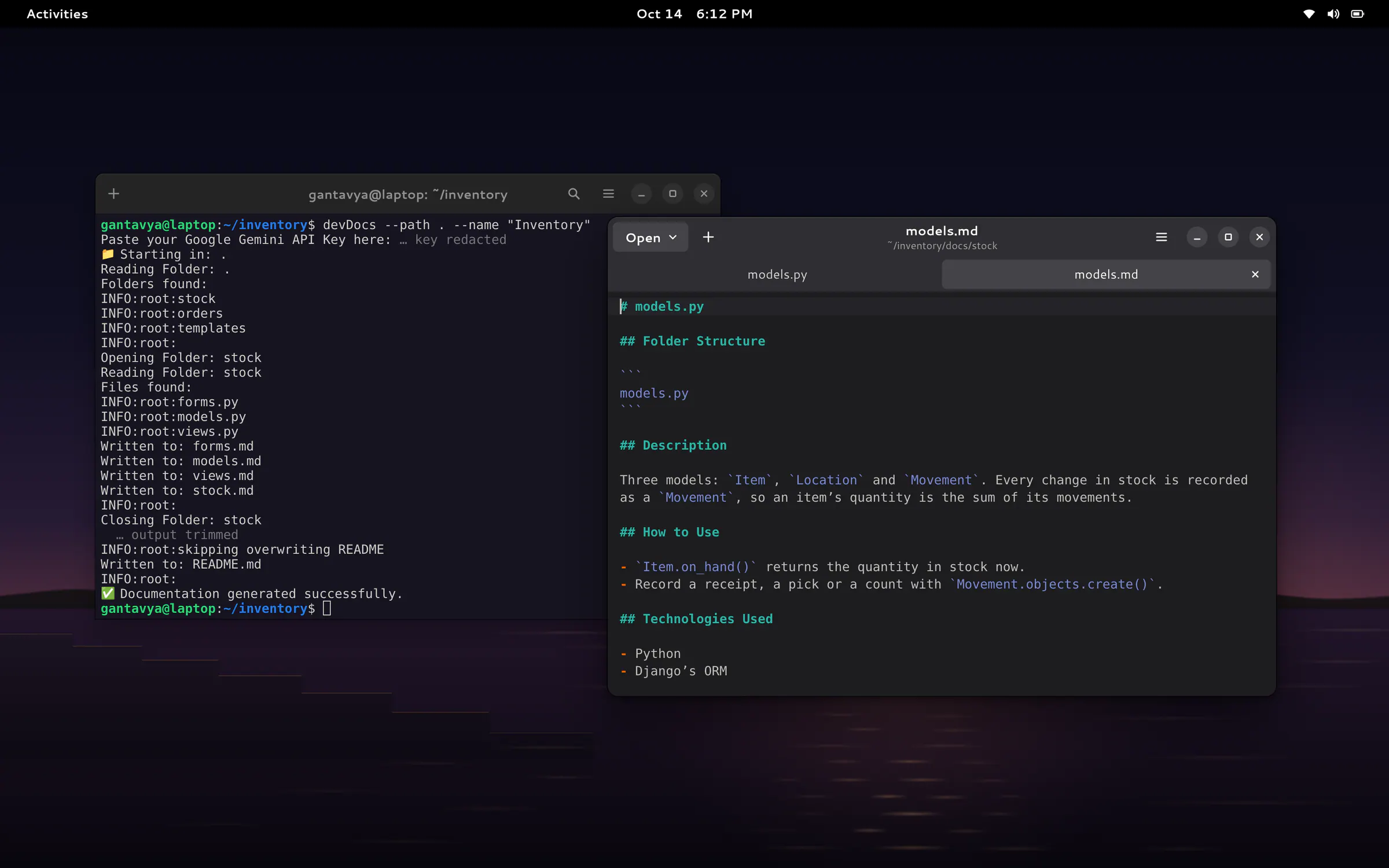 Illustration: devDocs in a Linux terminal writing Markdown for each file of an old codebase, one of the docs open in an editor beside it