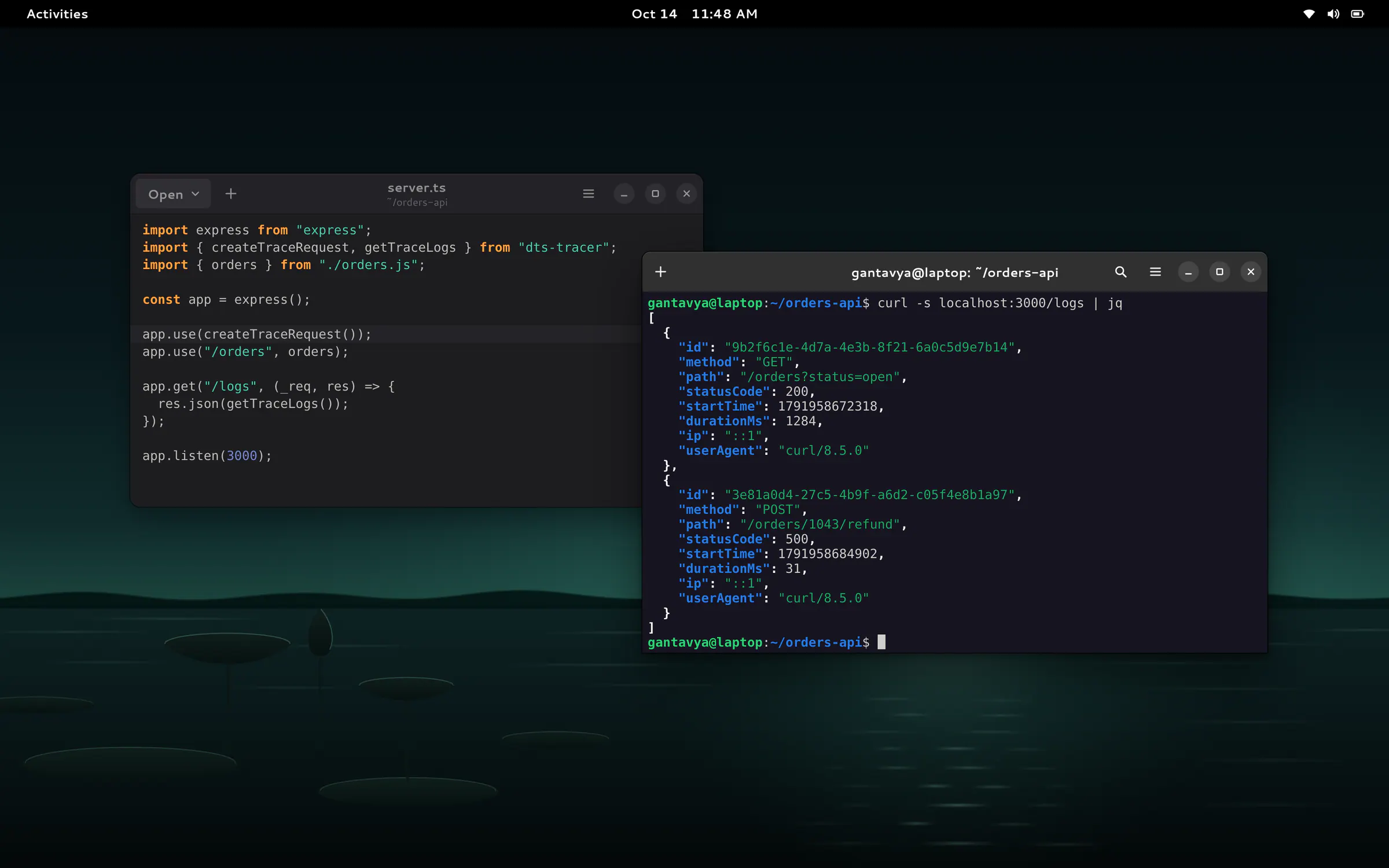 Illustration: dts-tracer’s one line in an Express app, and a terminal reading back its traces of a slow request and a failed one