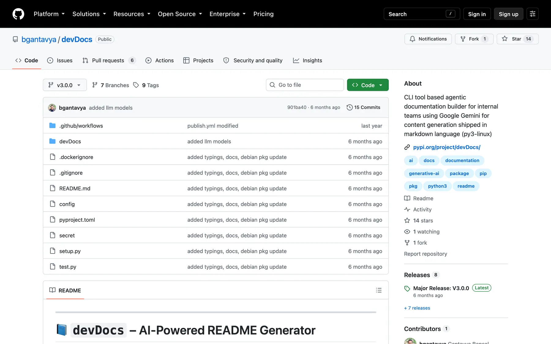 The devDocs source repository on GitHub: file list and README.