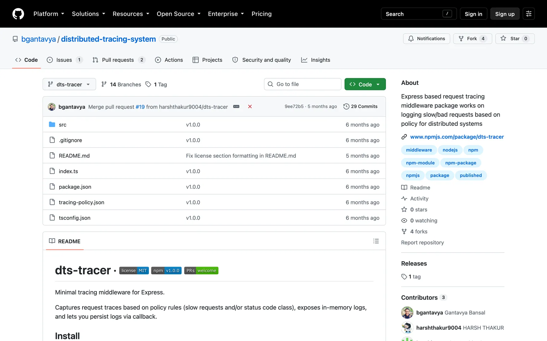 The dts-tracer source repository on GitHub: file list and README.