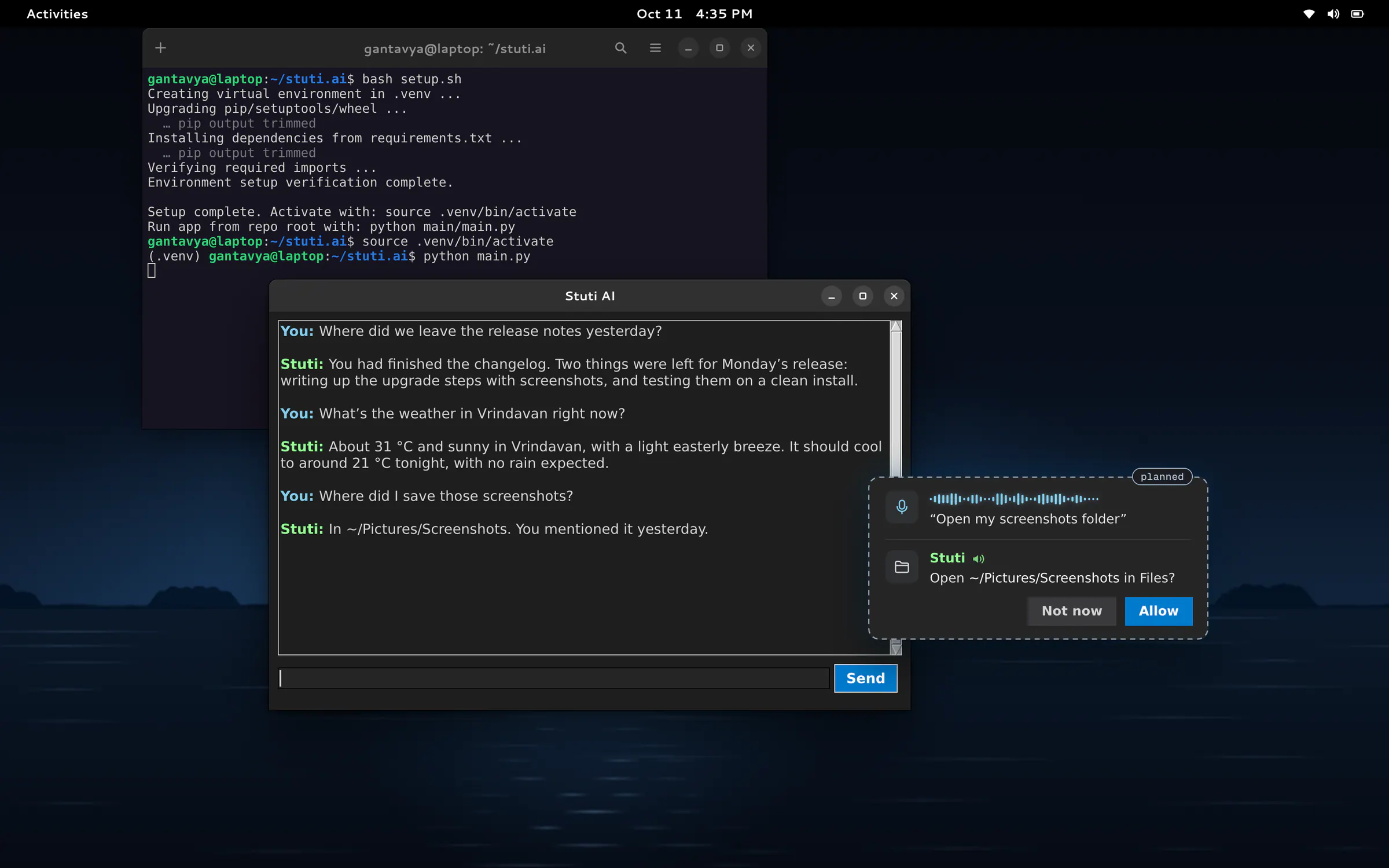 Illustration: Stuti’s chat window on a dark Linux desktop, with a dashed card beside it for what’s planned: voice, and asking before it acts