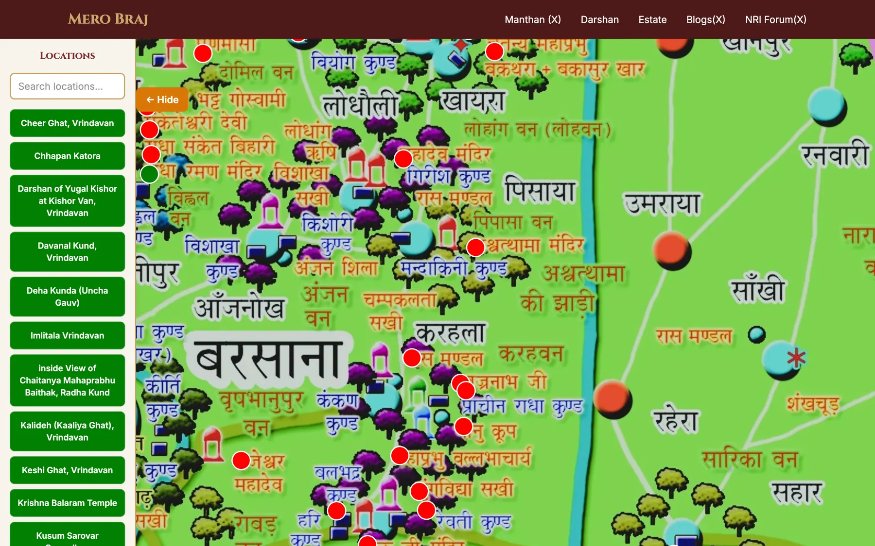 The Mero Braj map: an illustrated, Hindi-labelled map of the Braj region dotted with heritage-site markers, and a searchable list of places