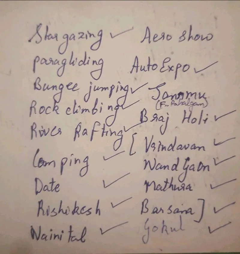 A handwritten checklist of experiences, most of them ticked: stargazing, paragliding, bungee jumping, rock climbing, river rafting, camping, Rishikesh, Nainital, the Auto Expo and Holi across the Braj towns.