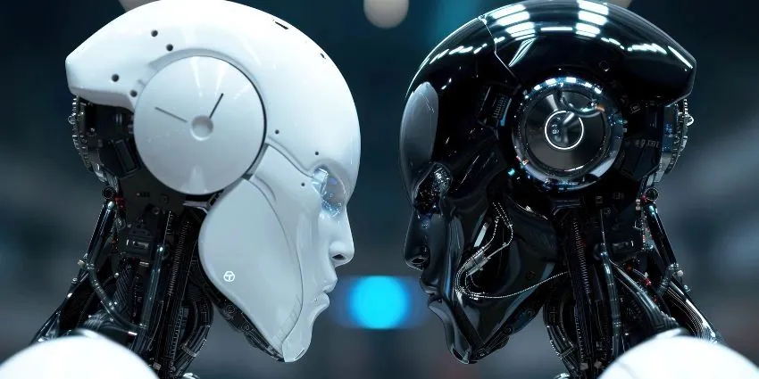Two robot heads, one white and one black, face to face.